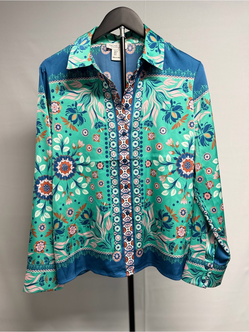 Rachel Zoe Turquoise Floral Satin Button-Down Shirt